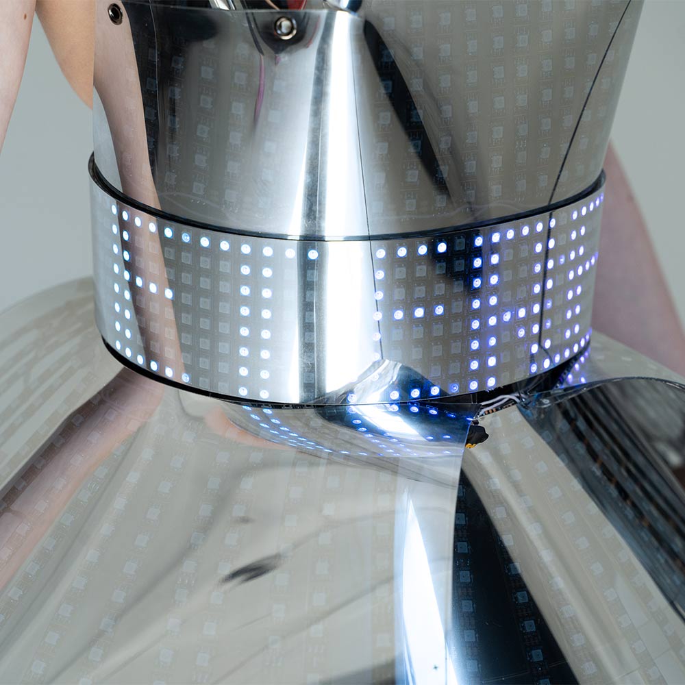 Hejki One Shoulder Pixel Dress with Mirrored Plastic Coverage - Fashion Festival Costume with LED Belt _H56