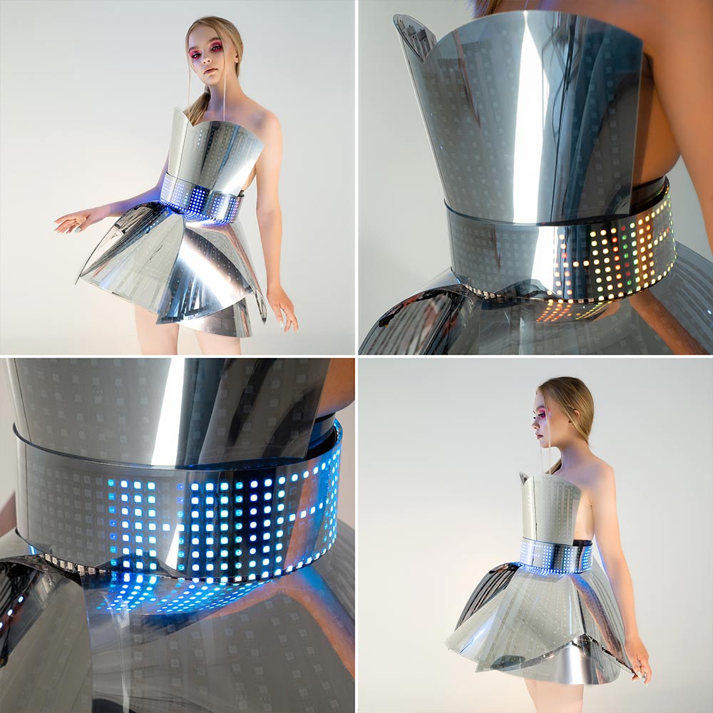 Hejki Smart Pixel Dress with heart shaped mirrored plastic coverage / Fashion Festival Costume Clothing with Logo LED Belt _H41-1
