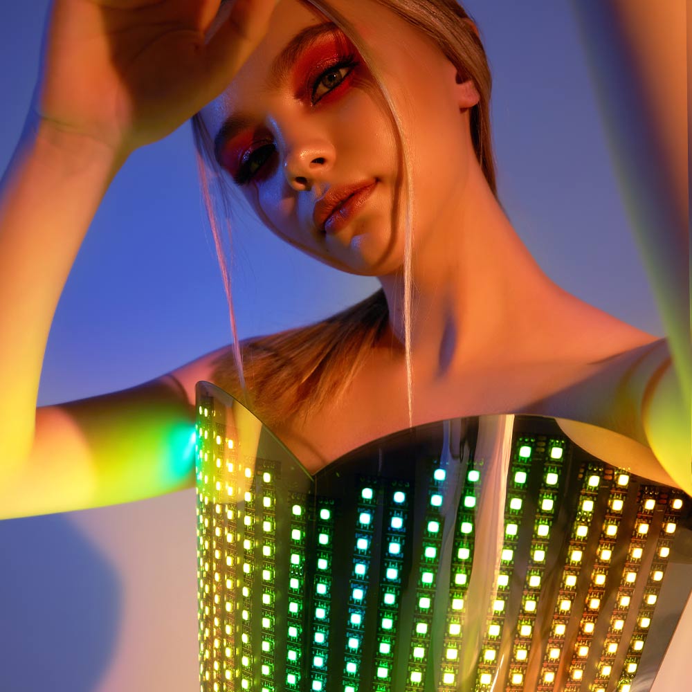 Hejki Smart Pixel Dress with heart shaped mirrored plastic coverage / Fashion Festival Costume Clothing with Logo LED Belt _H41-1