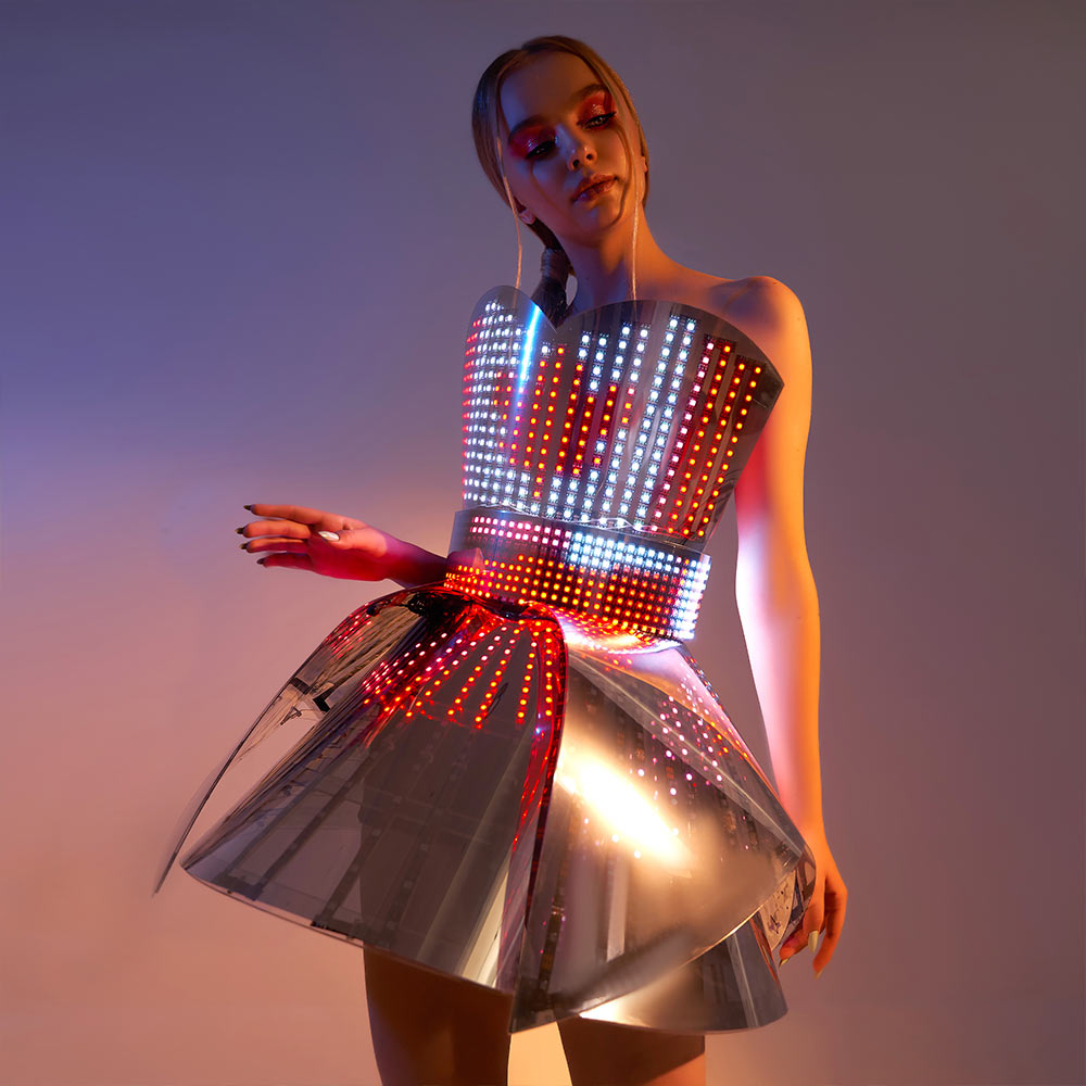 Hejki Smart Pixel Dress with heart shaped mirrored plastic coverage / Fashion Festival Costume Clothing with Logo LED Belt _H41-1