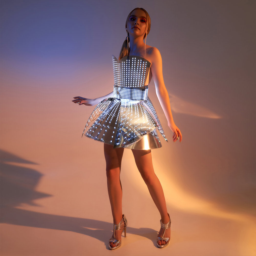 Hejki Smart Pixel Dress with heart shaped mirrored plastic coverage / Fashion Festival Costume Clothing with Logo LED Belt _H41-1