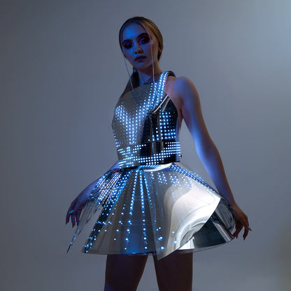 Hejki One Shoulder Pixel Dress with Mirrored Plastic Coverage - Fashion Festival Costume with LED Belt _H56