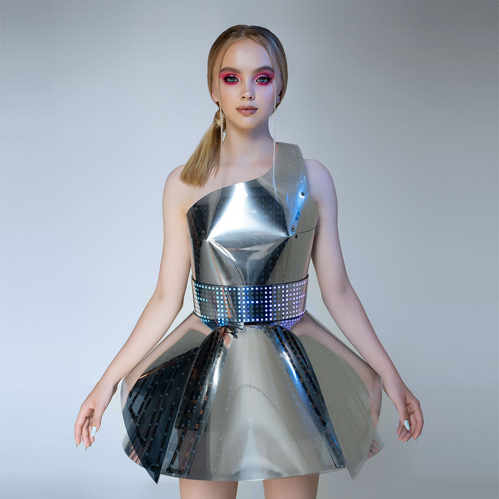 Hejki One Shoulder Pixel Dress with Mirrored Plastic Coverage - Fashion Festival Costume with LED Belt _H56