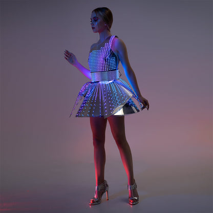 Hejki One Shoulder Pixel Dress with Mirrored Plastic Coverage - Fashion Festival Costume with LED Belt _H56