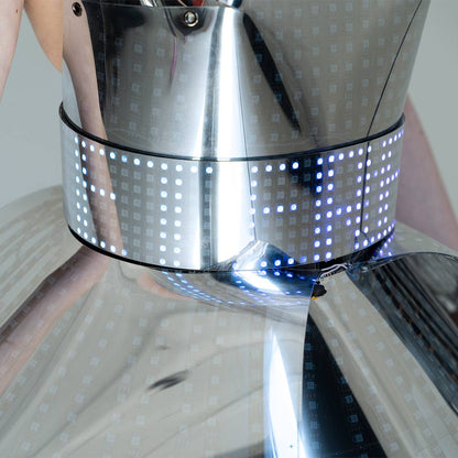 Hejki One Shoulder Pixel Dress with Mirrored Plastic Coverage - Fashion Festival Costume with LED Belt _H56