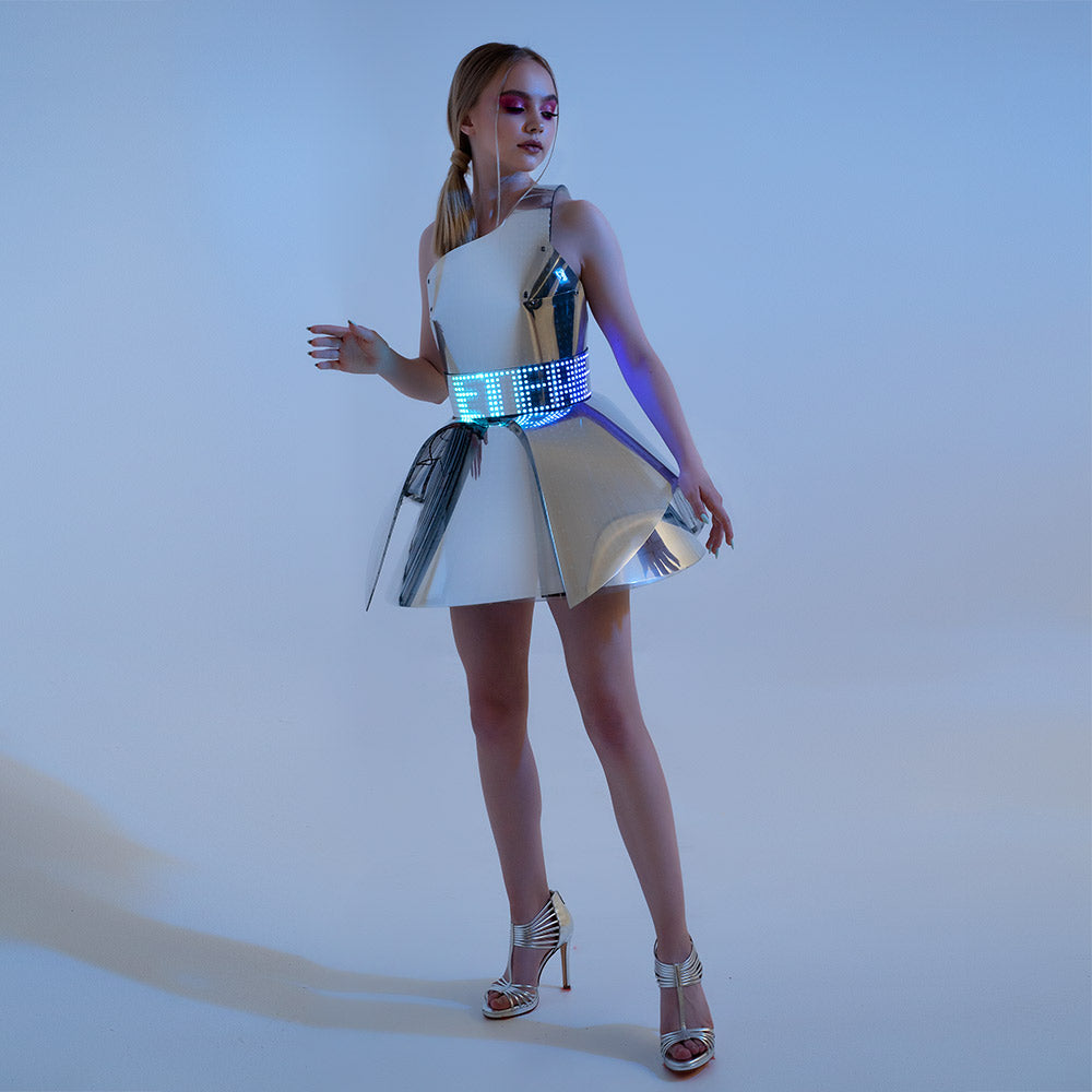 Hejki One Shoulder Pixel Dress with Mirrored Plastic Coverage - Fashion Festival Costume with LED Belt _H56