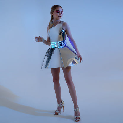 Hejki One Shoulder Pixel Dress with Mirrored Plastic Coverage - Fashion Festival Costume with LED Belt _H56