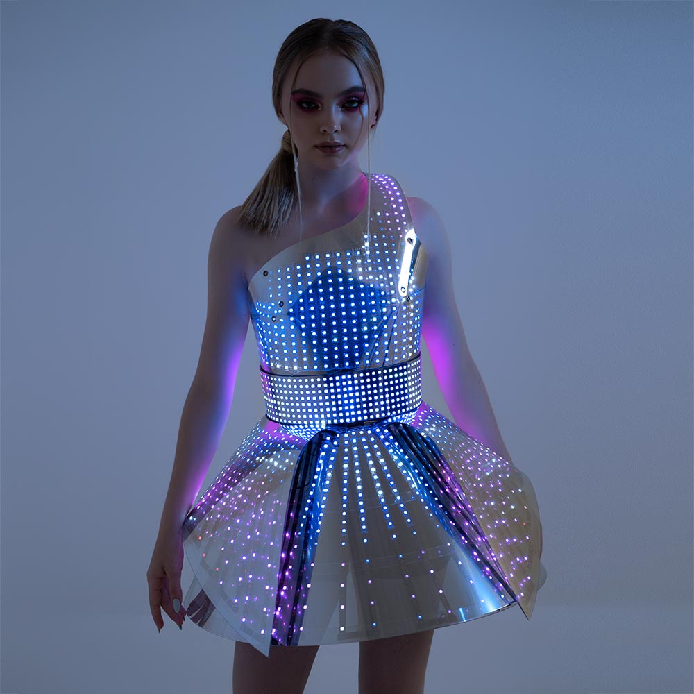 Hejki One Shoulder Pixel Dress with Mirrored Plastic Coverage - Fashion Festival Costume with LED Belt _H56