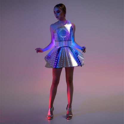 Hejki One Shoulder Pixel Dress with Mirrored Plastic Coverage - Fashion Festival Costume with LED Belt _H56