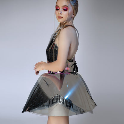 Hejki One Shoulder Pixel Dress with Mirrored Plastic Coverage - Fashion Festival Costume with LED Belt _H56