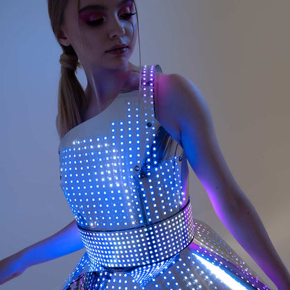 Hejki One Shoulder Pixel Dress with Mirrored Plastic Coverage - Fashion Festival Costume with LED Belt _H56