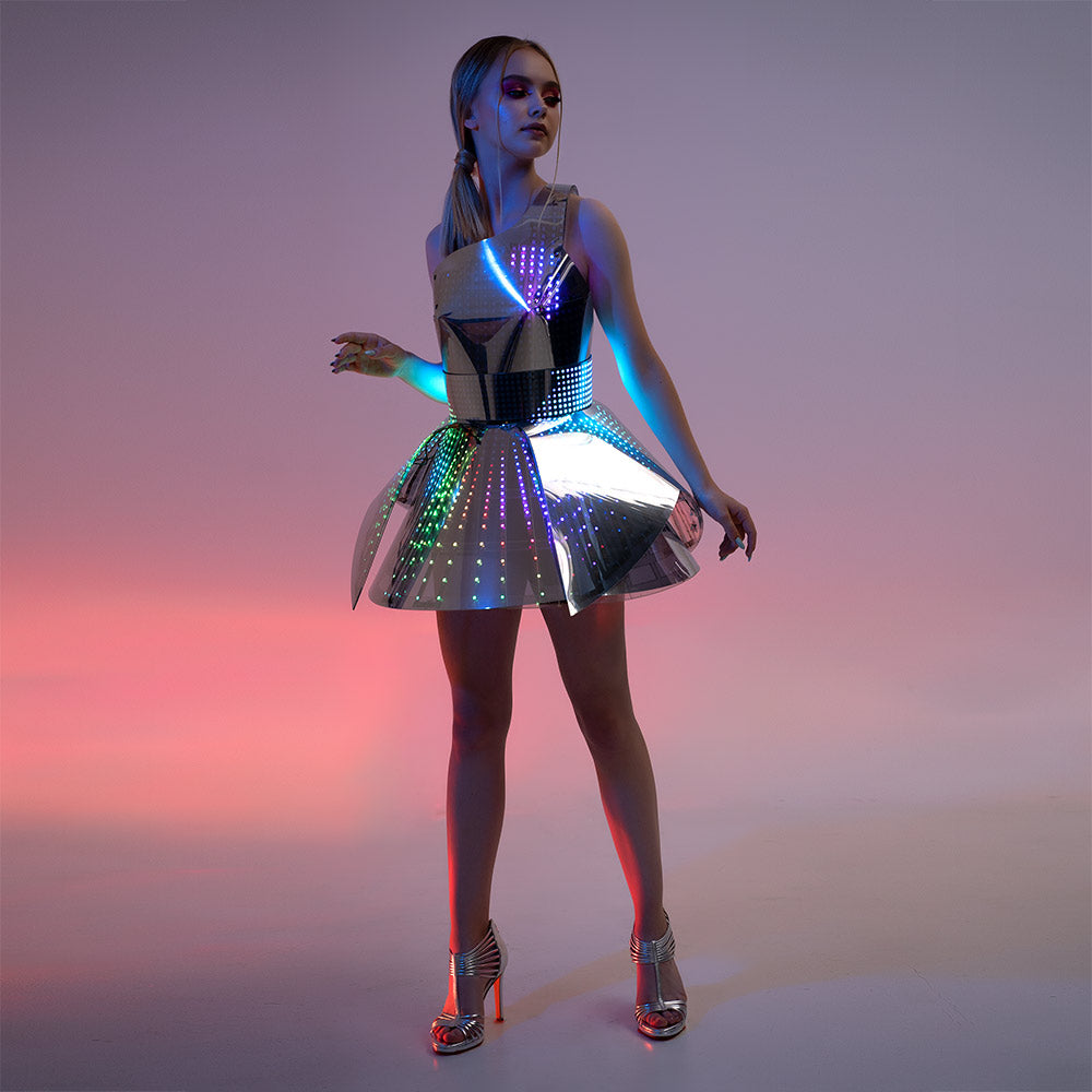 Hejki One Shoulder Pixel Dress with Mirrored Plastic Coverage - Fashion Festival Costume with LED Belt _H56